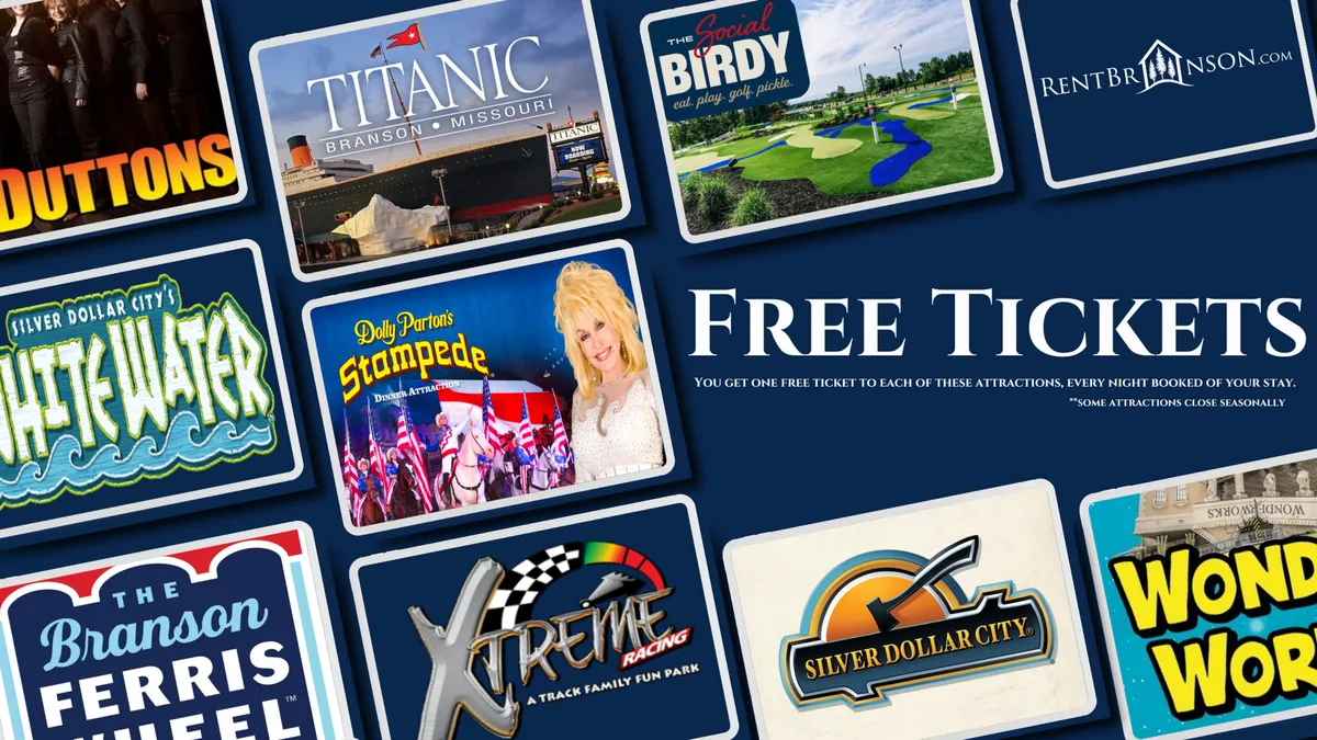 A bright, dynamic interior shot centered on a wall display featuring the text 'Free Tickets' alongside a variety of recognizable attraction logos. The space exudes excitement, suggesting a hub of entertainment and local adventure opportunities.
