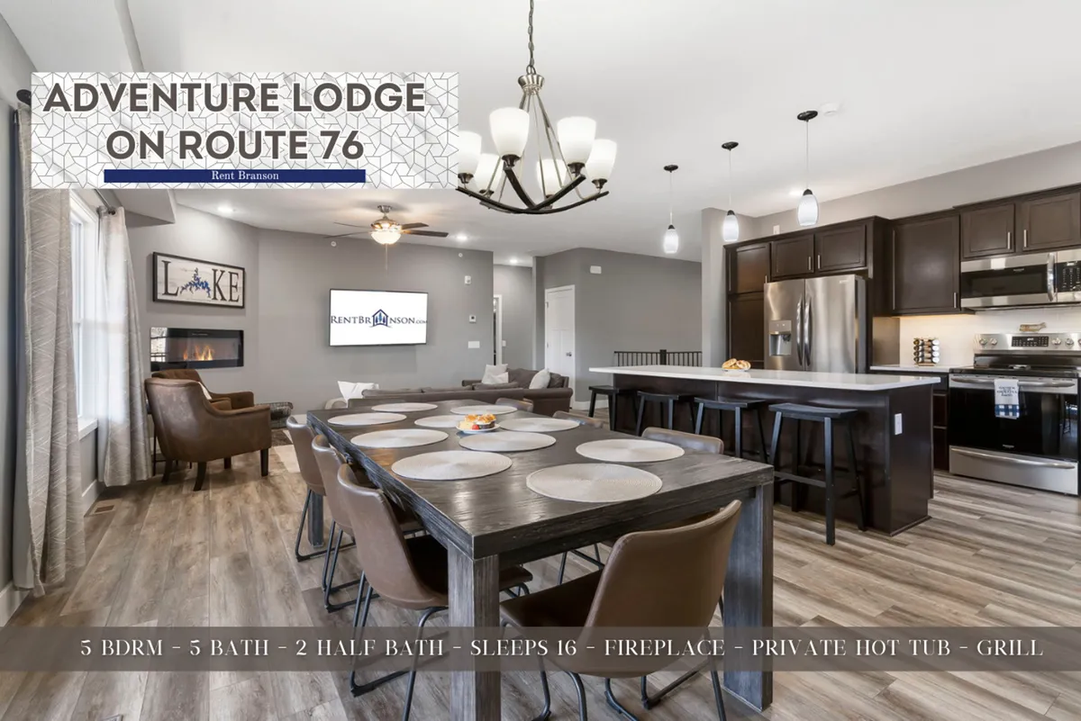 A wide-angle view highlighting a large dining table, kitchen island, fireplace, and television. Plush seating invites group activities, from family meals to game nights, all set against the backdrop of a stylish, open-concept interior.